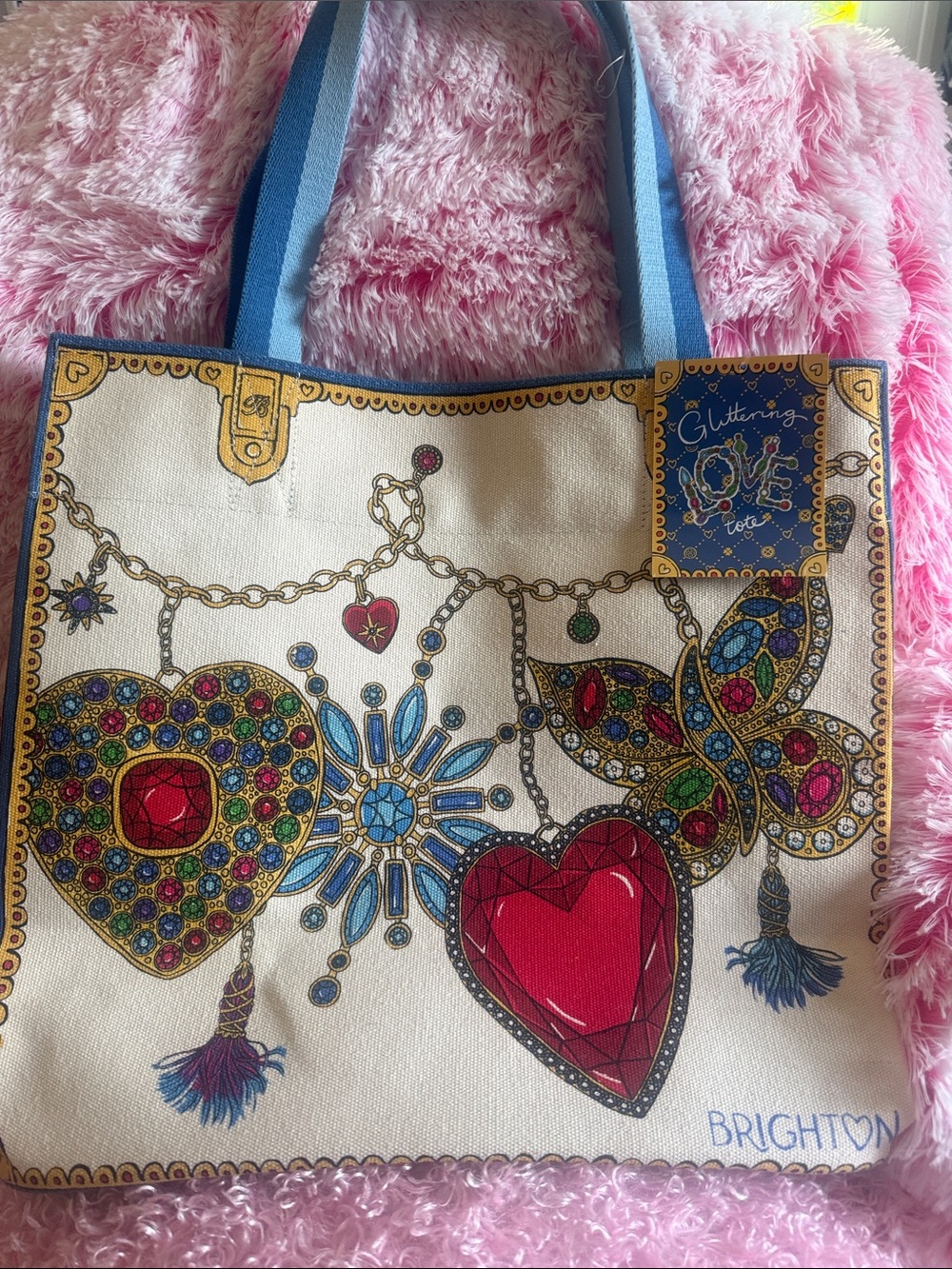 Brighton NEW "Glittering ❤️Tote" Canvas Tote with Multicolor Gem & Red Heart